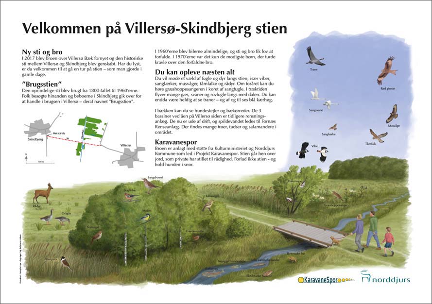 Informationstavle om Villersø-Skindbjerg stien. Tavlen er udført for Projekt Karavanespor og Norddjurs Kommune 2018. Tegninger: Stig Bachmann Nielsen