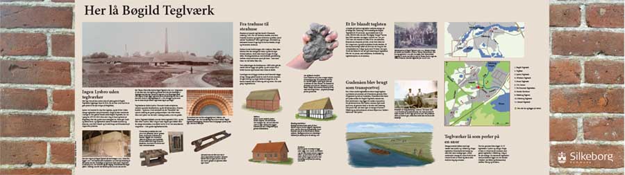 Informationstavle om Lysåen og Bøggild Teglværk. Tavlen er udført for Silkeborg Kommune 2018. Tegninger: Stig Bachmann Nielsen