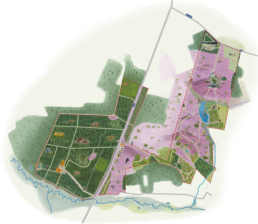 Håndtegnet kort over området ved Præstbjerg Naturcenter. Tegninger: Stig Bachmann Nielsen