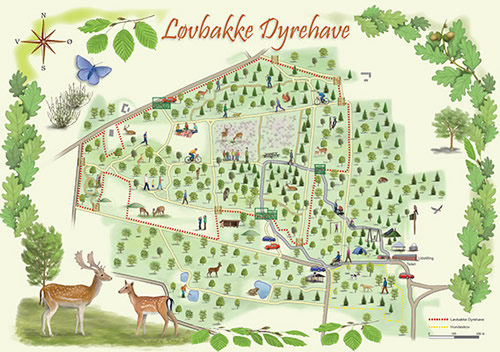 Håndtegnet kort over Løvbakke Dyrehave med mange detaljer. Udført for Løvbakke Naturcenter 2013. Illustration: Stig Bachmann Nielsen.